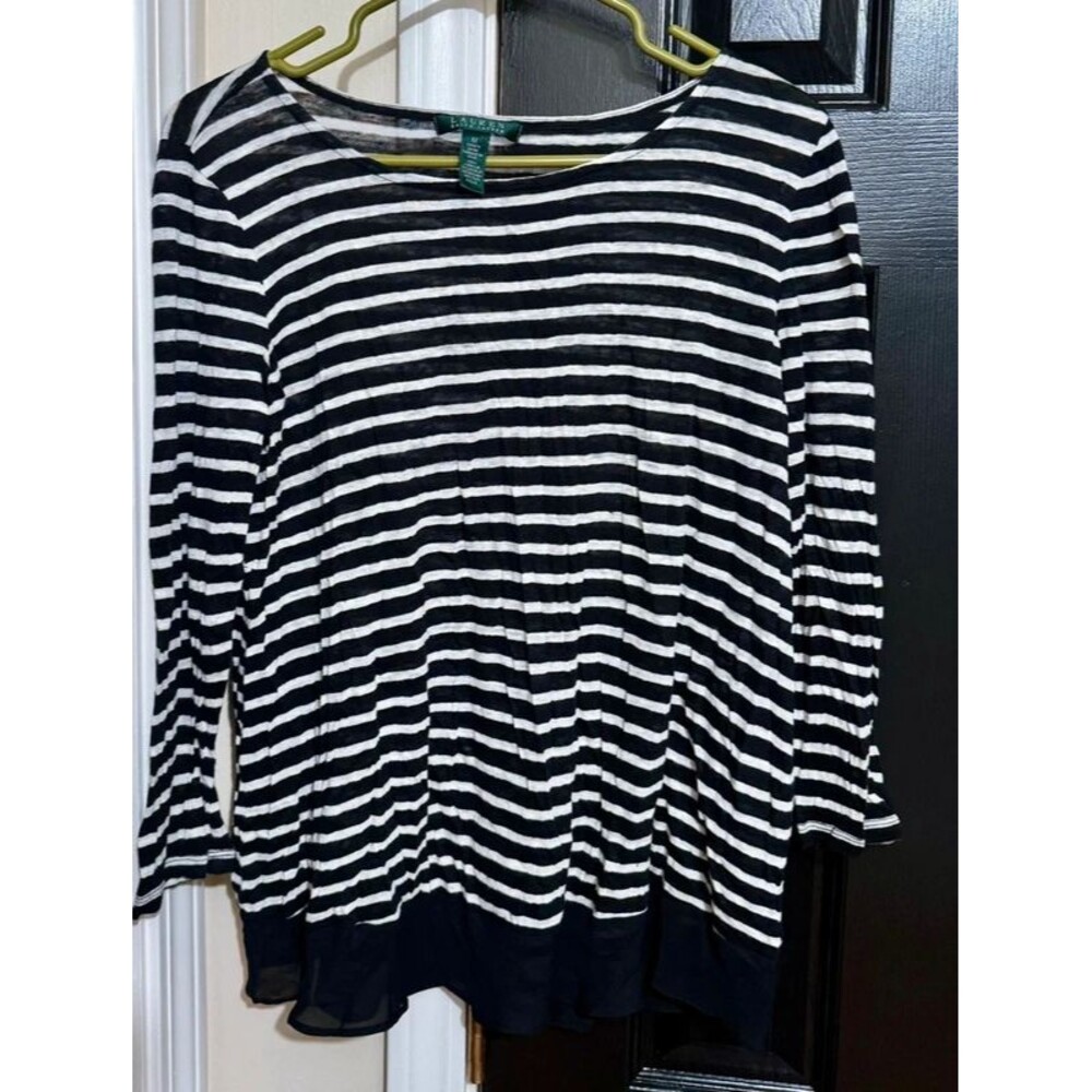 Lauren Ralph Lauren Striped Knit Top with Chiffon Underlayer Hem - Size M